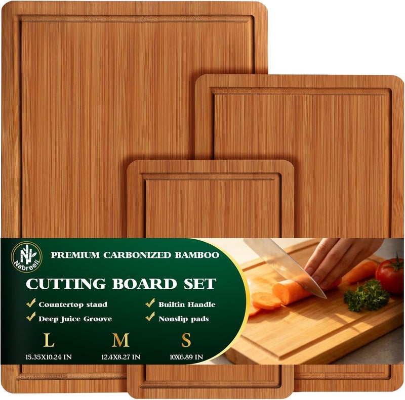 nabreeli Bamboo Cutting Board Set of 3, Carbonized Wood Chopping Boards with Juice Groove & Non-Slip Feet. Dishwasher Safe, Large Wooden Boards for Meat, Cheese Charcuterie, with Holder Christmas Gift for Home - Image 1